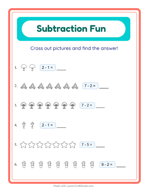 Preview of Subtraction worksheet featuring Nature BW for kindergarten