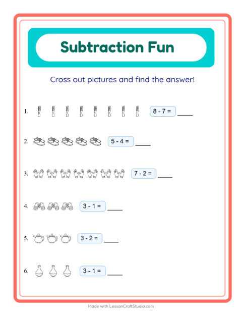 Preview of Subtraction worksheet featuring Objects BW for kindergarten