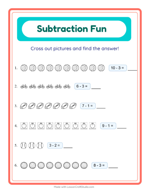 Subtraction with Sports Gear (Black & White)