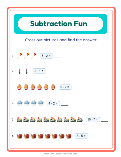 Preview of Subtraction worksheet featuring Spring for kindergarten
