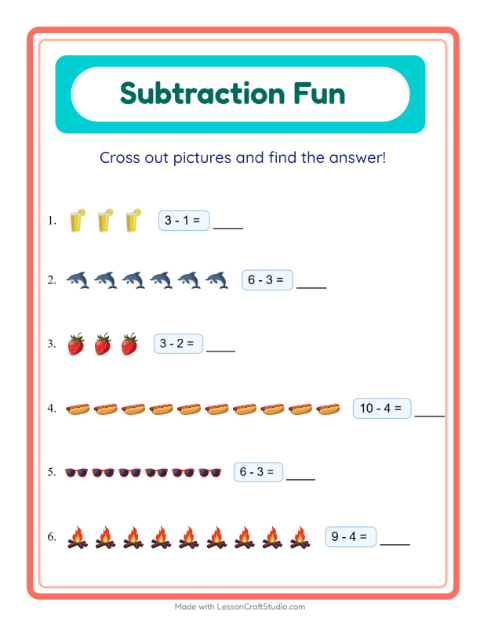 Preview of Subtraction worksheet featuring Summer for kindergarten