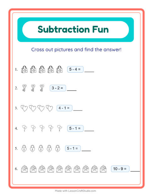 Subtraction with Valentine Pictures (Black & White)