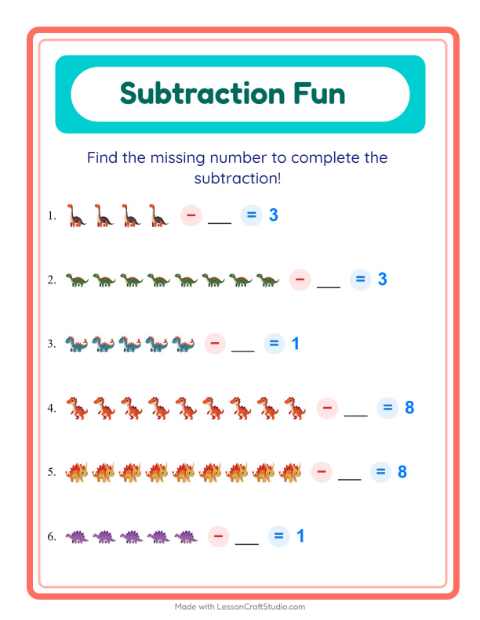 Subtraction worksheet — dinosaurs theme
