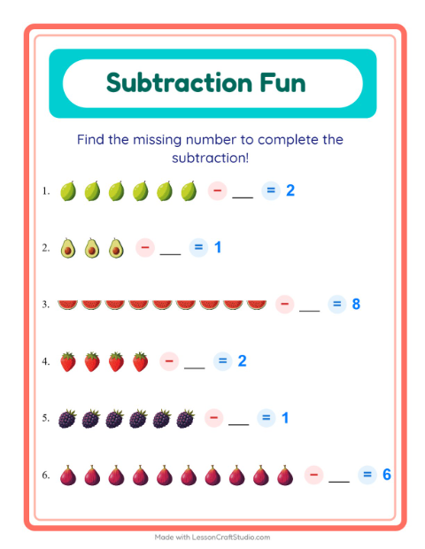 Preview of Find the Missing Number — Fruits — Grade 1