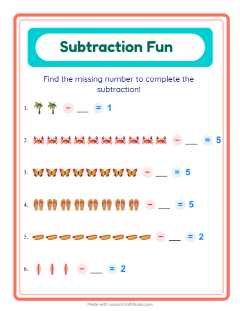 Preview of Subtraction worksheet featuring Summer for kindergarten