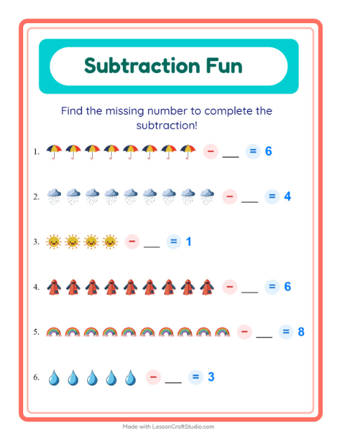 Preview of Subtraction worksheet featuring Miscellaneous for kindergarten