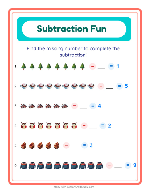 Preview of Subtraction worksheet featuring Winter for kindergarten