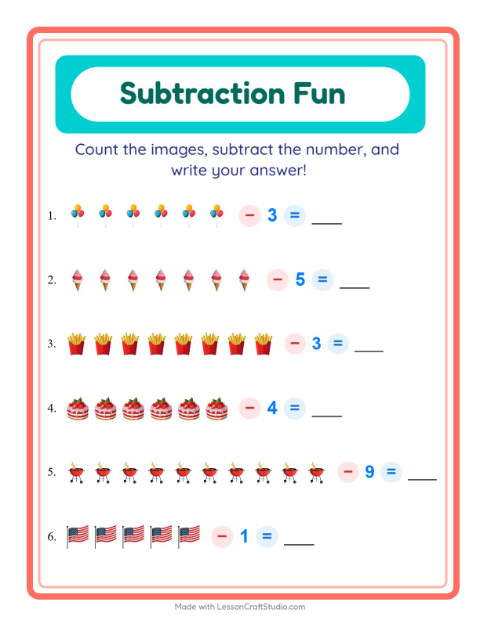 Subtract a Number with Fourth of July Things