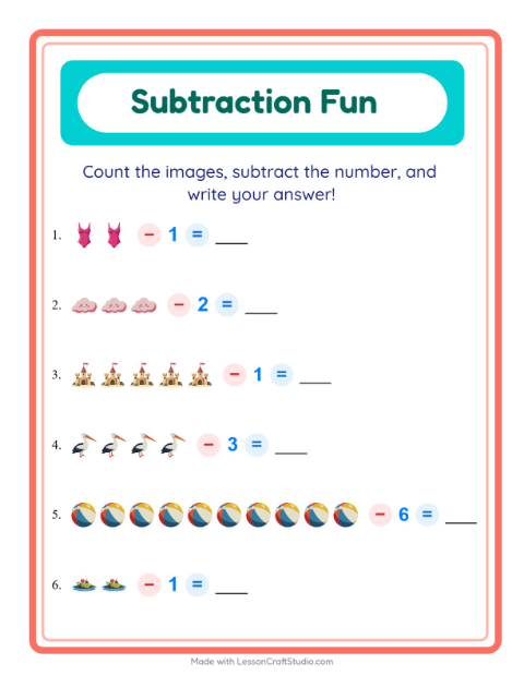 Subtract a Number with Beach Things