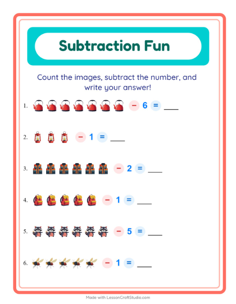 Subtract a Number with Camping Gear