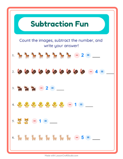 Subtract a Number with Farm Animals