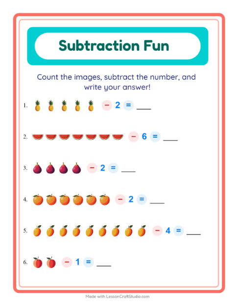 Preview of Subtract a Number with Fruits — Kindergarten