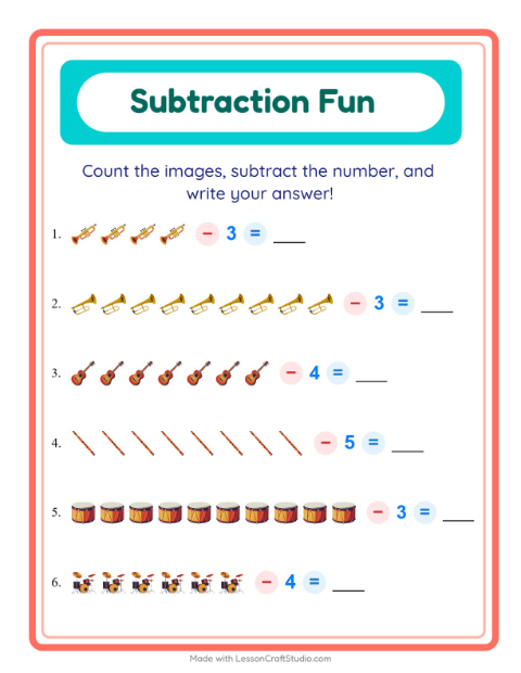 Subtract a Number with Musical Instruments