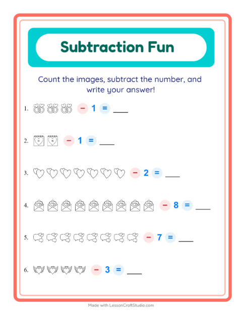 Subtract a Number with Valentine Pictures (Black & White)