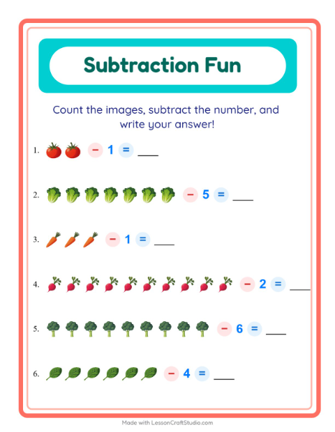 Subtract a Number with Vegetables