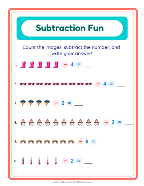 Preview of Subtraction worksheet featuring Weather for kindergarten