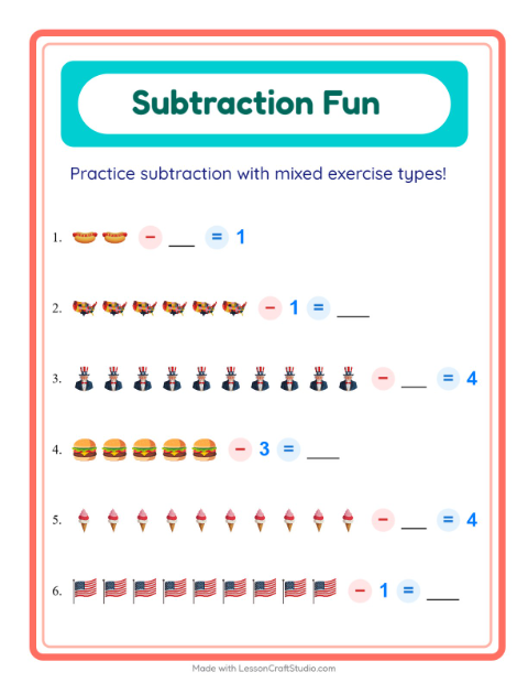 Mixed Subtraction with Fourth of July Things