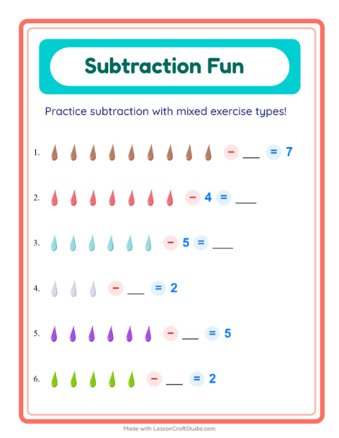 Preview of Subtraction worksheet featuring Colors for kindergarten