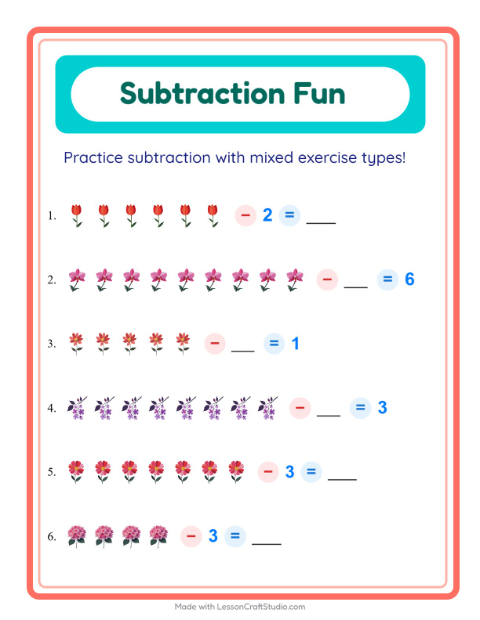 Preview of Mixed Subtraction with Flowers — Grade 1