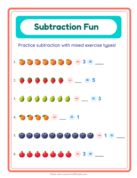 Preview of Mixed Subtraction with Fruits — Grade 1