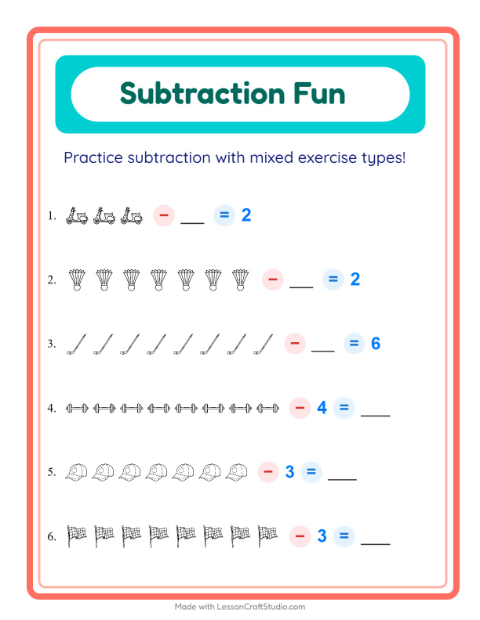 Mixed Subtraction with Sports Gear (Black & White)