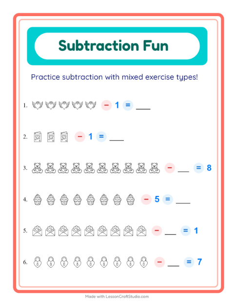 Mixed Subtraction with Valentine Pictures (Black & White)