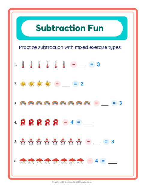 Preview of Subtraction worksheet featuring Weather for kindergarten