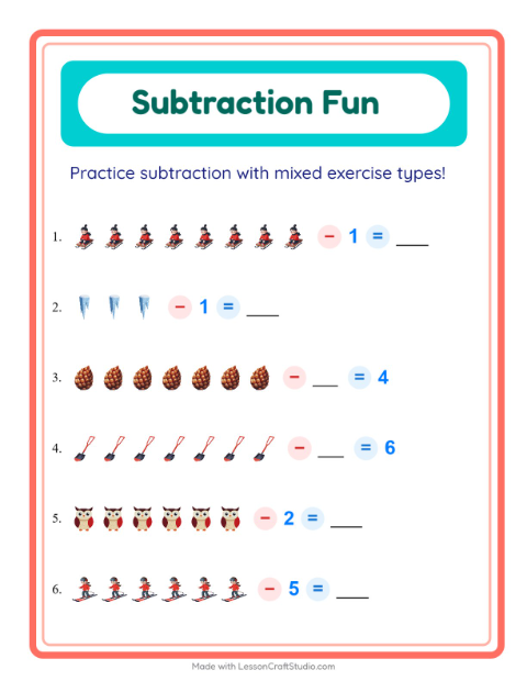 Preview of Subtraction worksheet featuring Winter for kindergarten