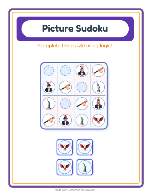 Preview of Picture Sudoku worksheet featuring 4th of July for kindergarten