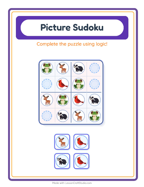 Preview of Picture Sudoku worksheet featuring Forest Creatures for kindergarten