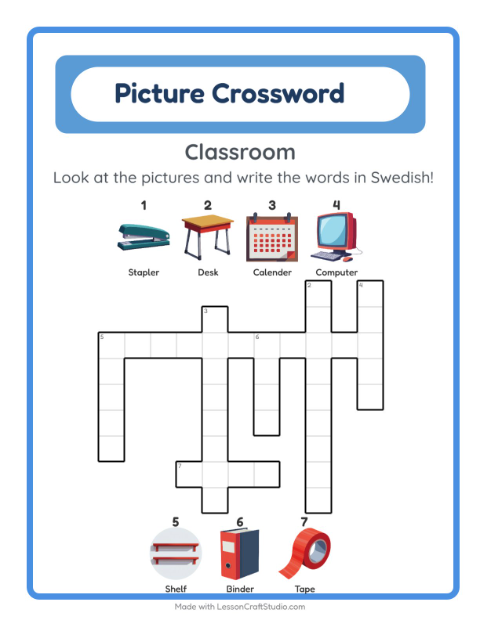 Picture crossword – Classroom Objects