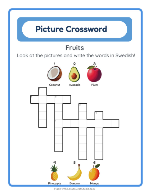 Preview of Learn Swedish: Fruits – Picture Crossword for Kids