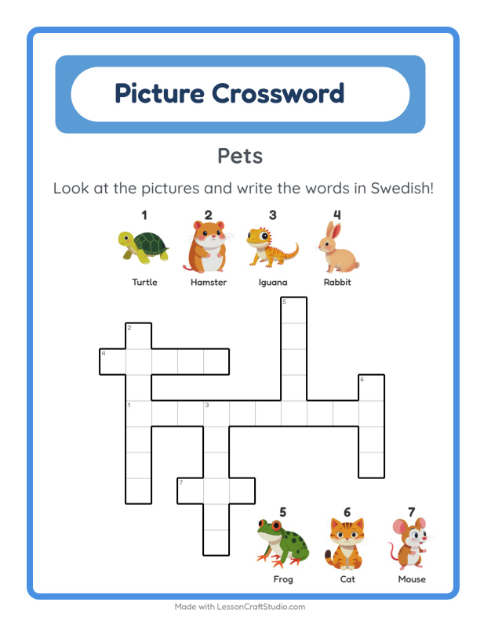 Preview of Learn Swedish: Pets – Picture Crossword for Kids