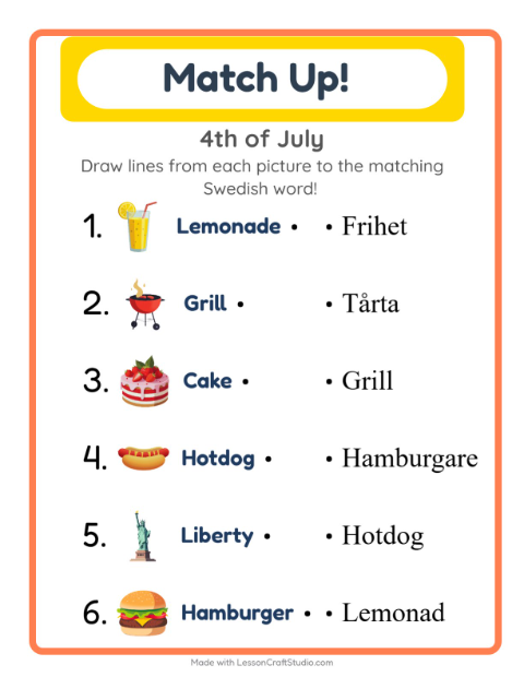 Picture-word match – Fourth of July Things