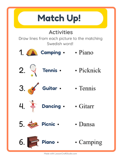 Preview of Learn Swedish: Activities – Picture-Word Match for Kids