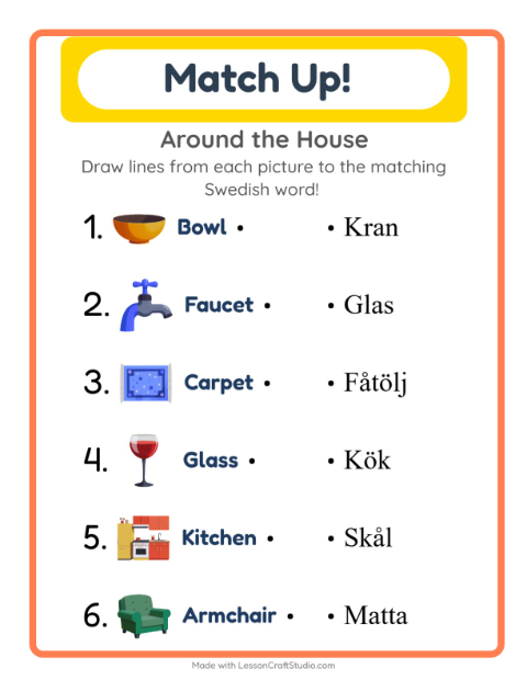 Picture-word match – Household Things