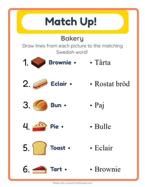 Picture-word match – Bakery Treats