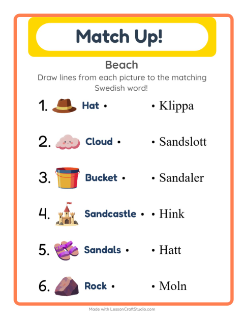 Picture-word match – Beach Things