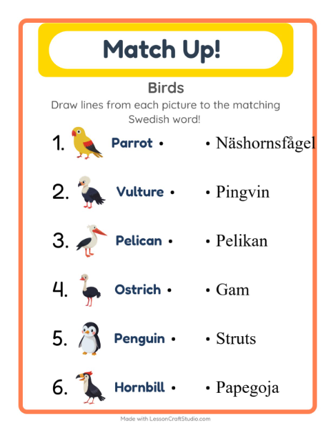 Preview of Learn Swedish: Birds – Picture-Word Match for Kids