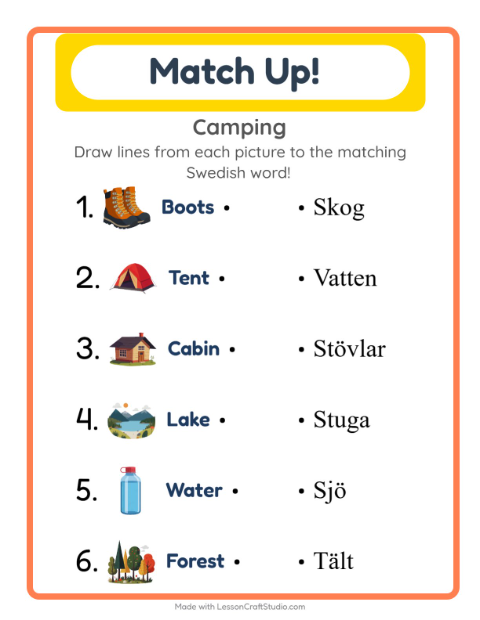 Picture-word match – Camping Gear