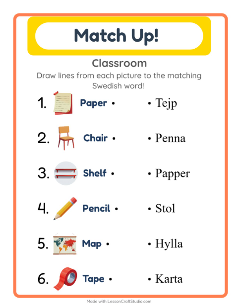 Picture-word match – Classroom Objects