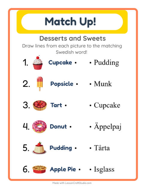Picture-word match – Desserts and Sweets