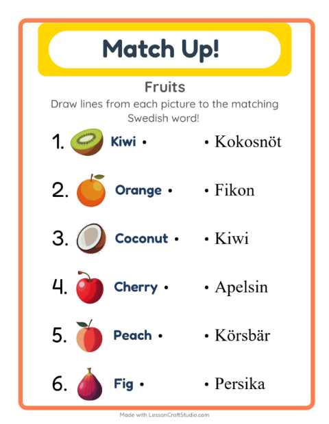 Preview of Learn Swedish: Fruits – Picture-Word Match for Kids