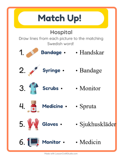 Picture-word match – Hospital Things