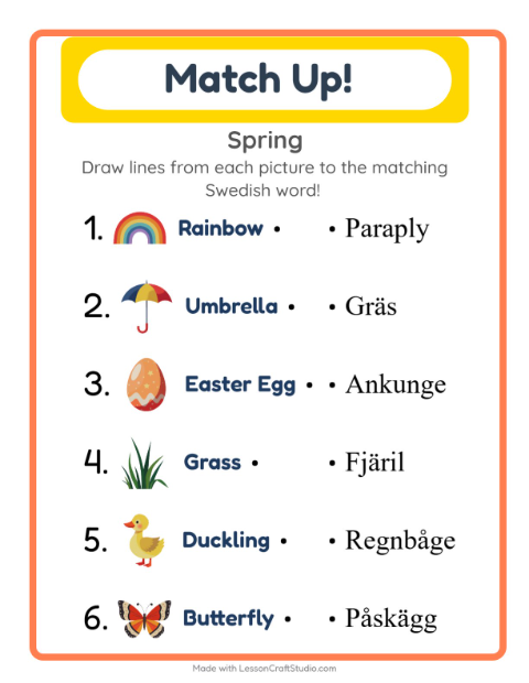 Preview of Learn Swedish: Spring – Picture-Word Match for Kids