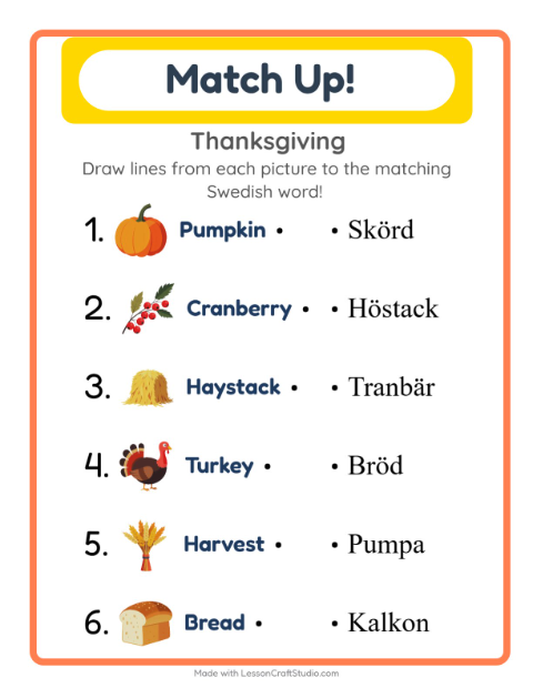 Picture-word match – Thanksgiving