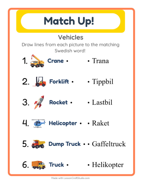 Picture-word match – Vehicles