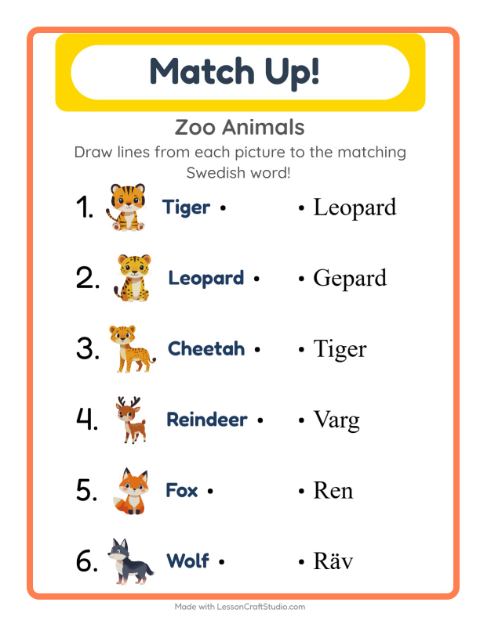 Picture-word match – Zoo Animals
