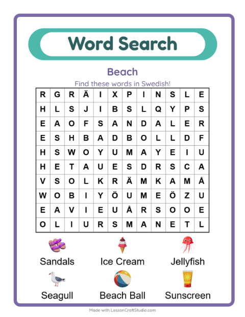 Picture word search – Beach Things