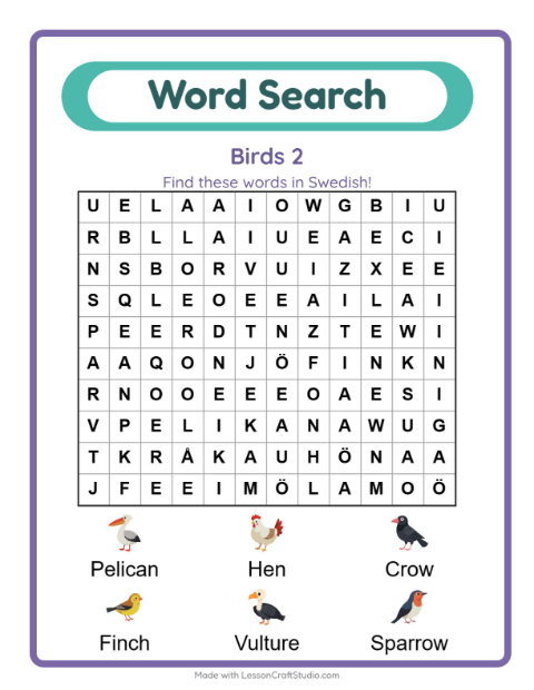 Picture word search – More Birds